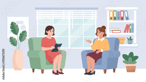 Psychologist And Patient In Therapy Session Counseling Conversation Flat Vector Illustration Mental Health Support Concept