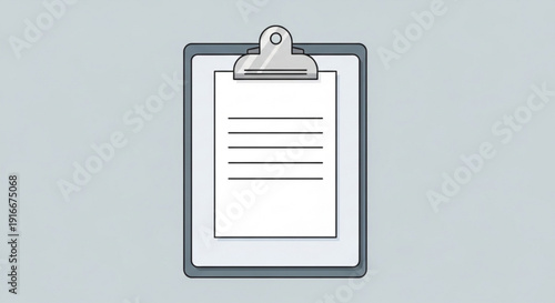 Clipboard with blank paper and metal clip on gray background symbolizing organization and documentation