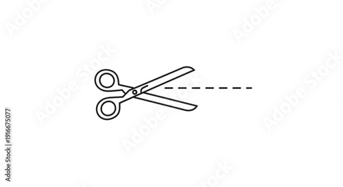 Scissors cutting with dashed line symbolizing editing or separation in a simple black line art style on white background