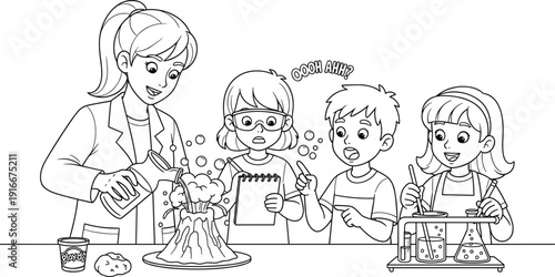 Black and white line art coloring page of a teacher and diverse students performing a volcanic eruption science experiment in a classroom