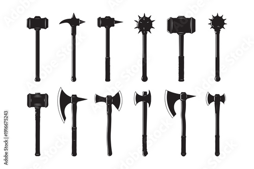 Collection of medieval weapons including axes and mallets  various types