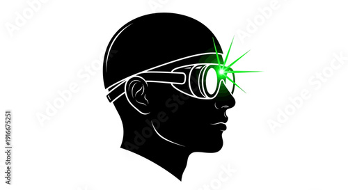 Silhouette of a person wearing protective goggles with a green laser beam.