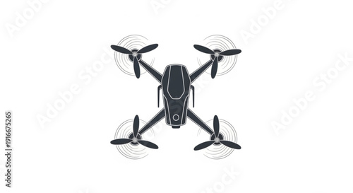 Black drone with four propellers flying in air overhead view sleek design