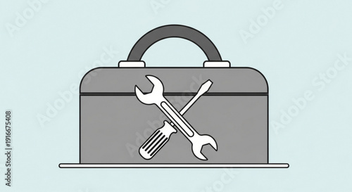 Gray toolbox with crossed wrench and screwdriver on light blue background symbolizing repair and maintenance