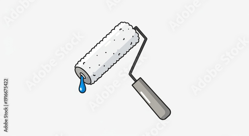 Paint roller with dripping blue paint on white background tool for painting walls and surfaces