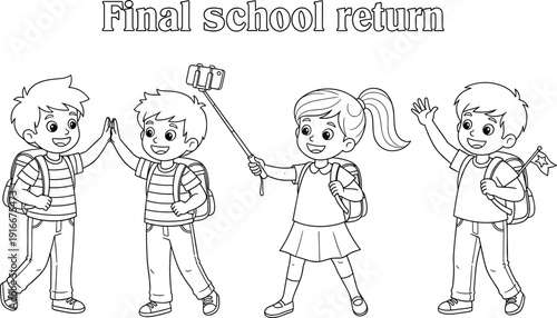 Happy School Children Celebrating Final School Return Taking Selfie and Giving High Five in Black and White Outline Vector Coloring Page Illustration