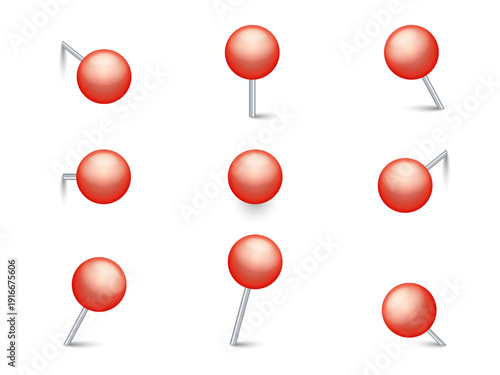 Red Push Pin Set in Different Angles Realistic Thumbtack Vector Illustration