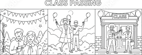 Class Passing Graduation Celebration Coloring Page Set with Students Holding Diplomas Balloons Party Decorations and School Building Entrance Vector Line Art Illustration