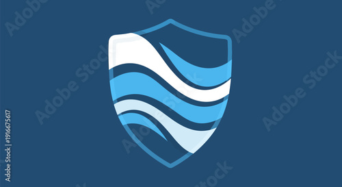 Abstract Blue Shield with Wavy Lines Symbol.