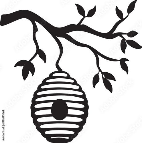 Beehive Hanging on Tree Branch vector Silhouette  illustration, bee House line act 