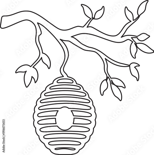 Beehive Hanging on Tree Branch vector Silhouette  illustration, bee House line act 