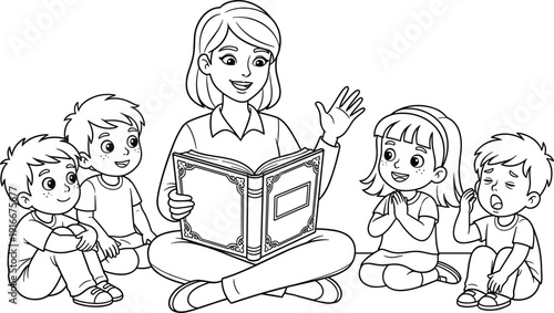 Kids Story Time Coloring Page with Female Teacher Reading Book to Group of Attentive Preschool Children in Classroom Setting Vector Line Art