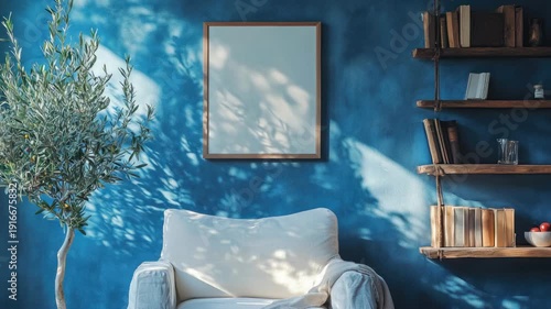 Modern apartment living room with sofa and artwork on blue wall.