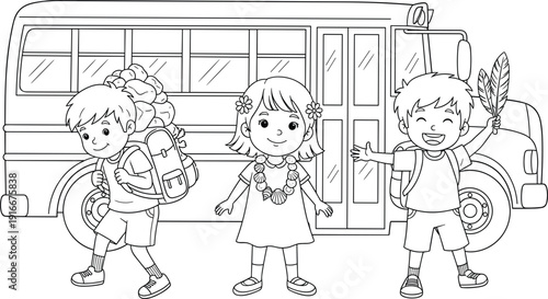 Happy Children Standing in Front of School Bus with Backpacks and Summer Souvenirs Ready for First Day of School Vector Illustration