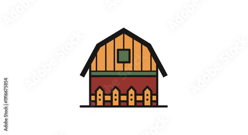 Stylized Barn Illustration with Wooden Fencing and Gable Roof.