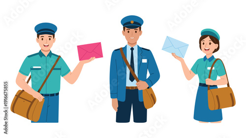 Postman And Postal Workers Delivering Mail Letters And Parcels Flat Vector Illustration For Delivery Service Concept