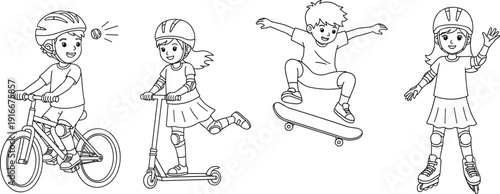 Kids Riding Bicycle Scooter Skateboard and Rollerblades Coloring Page with Children Wearing Safety Helmets and Protective Pads Outdoor Sports Vector Illustration