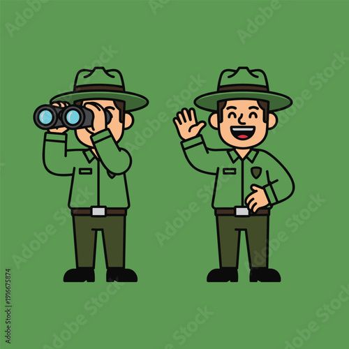 Cartoon Park Rangers Observing and Waving.