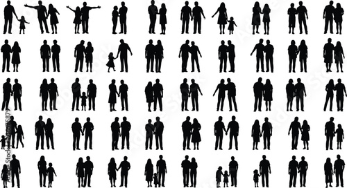 Vector illustration of family silhouettes with adults and children in diverse postures symbolizing caregiving, inclusivity, culture, education, and social values