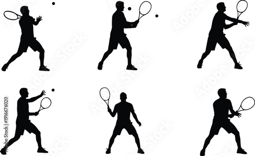 Black silhouettes of male tennis player collection showing various action poses like serving hitting forehand and backhand shots on white background