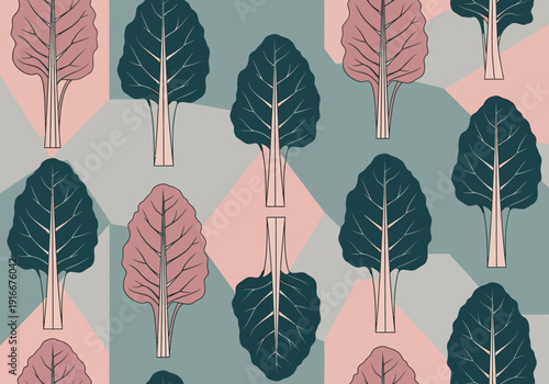 Stylized Trees with Large Leaves in a Repeating Pattern.