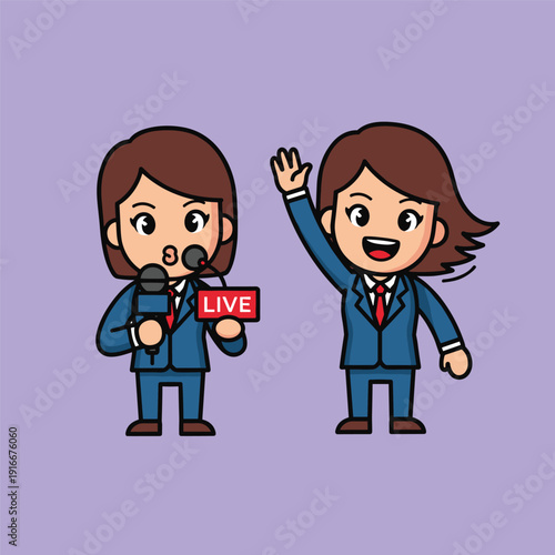 Female News Anchors Reporting Live on Television.