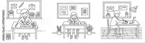 Black and White Coloring Page Set of Children Studying at Desks Families Walking to School Kids Playing Outdoors and Celebrating Summer Break Illustration