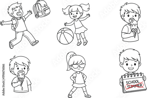 Black and White Coloring Page Set of Happy Children Celebrating Summer Break Including Kids Eating Ice Cream Playing Ball and School Graduation