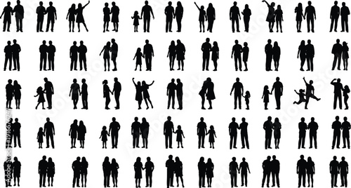 Vector illustration of family silhouettes with adults and children in diverse postures symbolizing caregiving, inclusivity, culture, education, and social values
