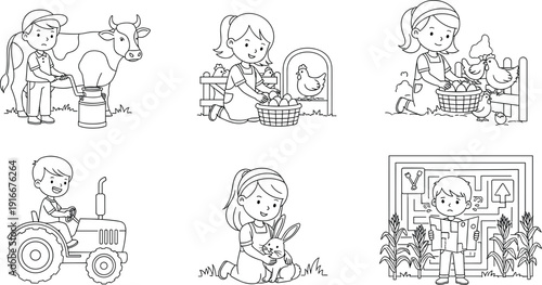 Black and White Coloring Page Set of Children Studying at School Playing Outdoors Celebrating Summer Break Farming Activities and Family Bonding Time Illustration