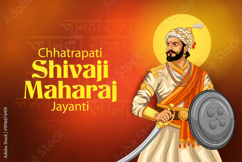 Emperor Shivaji, the great warrior of Maratha from Maharashtra India with text in Hindi meaning Chhatrapati Shivaji Maharaj