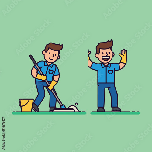 Two Cartoon Janitors Cleaning and Waving.