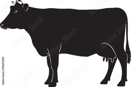 Silhouette of a cow with horns and udders.