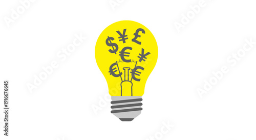 Light bulb filled with currency symbols representing financial idea.