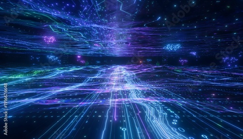 Expansive Cyber Ocean Composed of Flowing Data Streams and Glowing Light in a Futuristic Digital Landscape