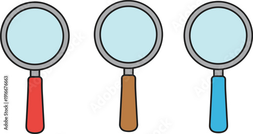 Horizontal set of three magnifying glass icons with red, brown, and blue handles in flat vector style
