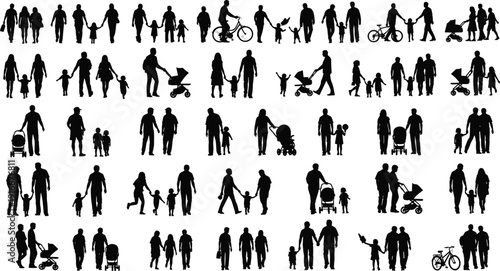 Vector illustration of family silhouettes with adults, children, strollers, bicycles symbolizing caregiving, inclusivity, culture, education, and social values
