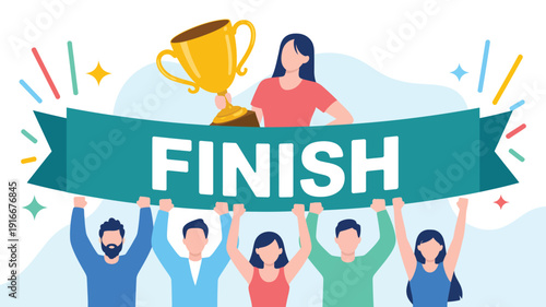 Business Team Celebrating Success With Trophy And Finish Banner Achievement Flat Vector Illustration Concept