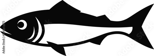 Vector illustration of fish silhouette, side profile view, distinct eye and gills, fins and tail detail, simple black design, aquatic theme, marine biology educational icon