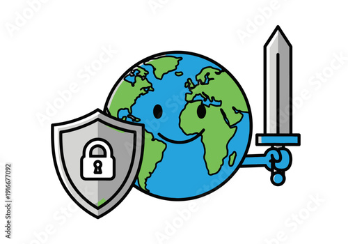 Cartoon Earth Character Defending World Security.