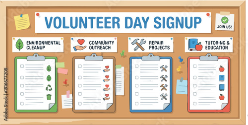 Volunteer Day Signup Board Featuring Icons for Community Engagement and Participation Concept