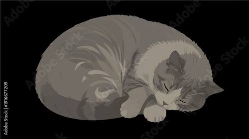 A vector illustration of light-colored cat with closed eyes sleeps curled up on a transparent background.