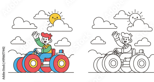 Cute boy driving a toy tractor under a sunny sky. Vector illustration for coloring book. Colored and black and white outline versions isolated on white background.