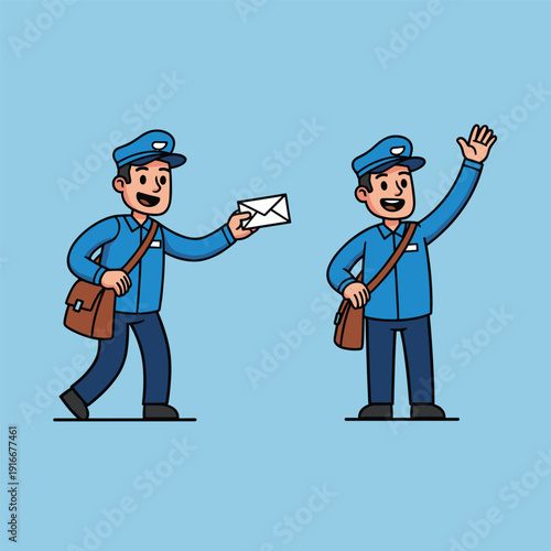 Cartoon Postman Delivering Mail and Waving.