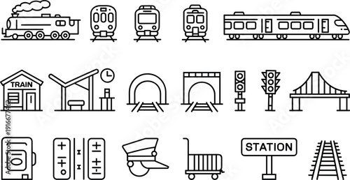 Railway and Train Line Icon Set Featuring Locomotive, High Speed Train, Station, Tunnel, Traffic Signal and Rail Track Outline Symbols