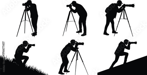 Professional photographer silhouettes with camera and tripod in dynamic shooting poses isolated on white background for creative photography and media design