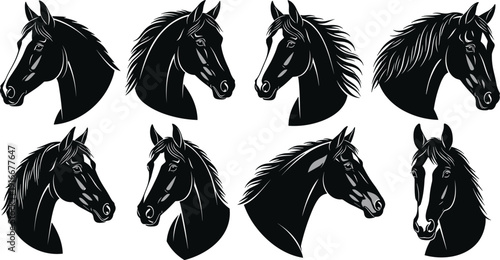 Vector illustration of horse head silhouettes in profile symbolizing wildlife, equestrian culture, strength, nature, biology, education, and decorative design