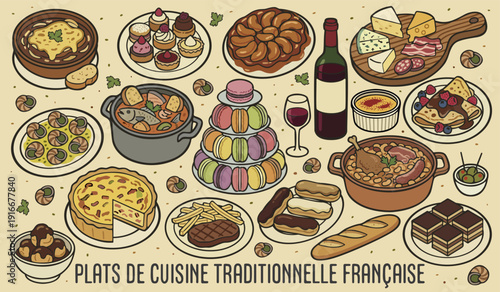 Plates of french traditional cuisine. Gastronomy of France. Vector poster with lettering