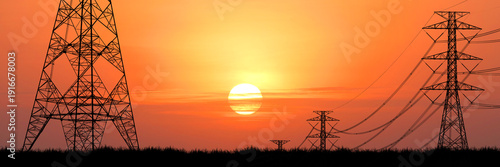 Wallpaper Mural Sunset silhouette of power lines and electricity pylons against a bright orange sky. A beautiful scene of electrical energy and its distribution Torontodigital.ca