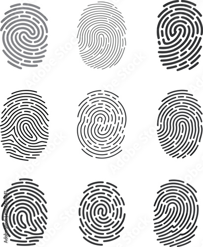 Set of fingerprint silhouettes isolated on white background, biometric identification icons collection for security systems, forensic investigation and digital authentication design